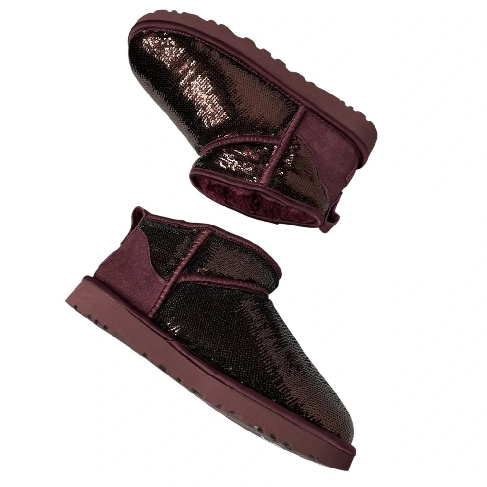 UGG Women's Classic Burgundy Sequin Ultra Mini Mirror Ball Booties. Sz 7
